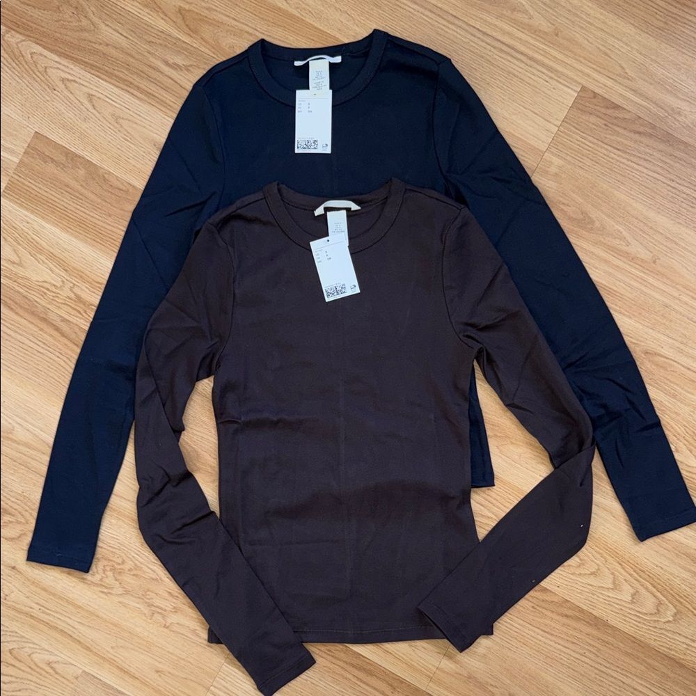 NWT H&M Black Brown Long Sleeve Tops Set of 2 Small Cotton Base Layer